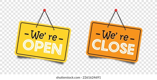 Open the signboard and sorry, we're closed' signboard suitable shop icon we are open door welcome board. Vector illustration.