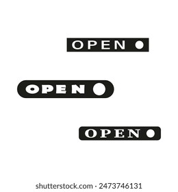 Open signs in diverse styles. Black and white vector icons. Simplistic typography. Modern design.