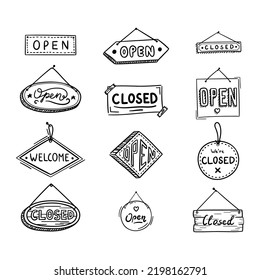 Open Signs Doodle Thin Line Black Icons Set. Vector illustration of Hanging Business Board for Shop Door
