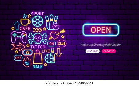 Open Signs Neon Banner Design. Vector Illustration of Street Promotion.