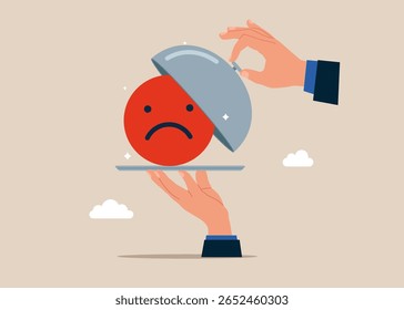 Open silver cloche to see Angry face symbol. Concept of bad new and idea. Burnout from tiring work or demotivation from failure, stress. Value increases over time. Flat vector illustration.