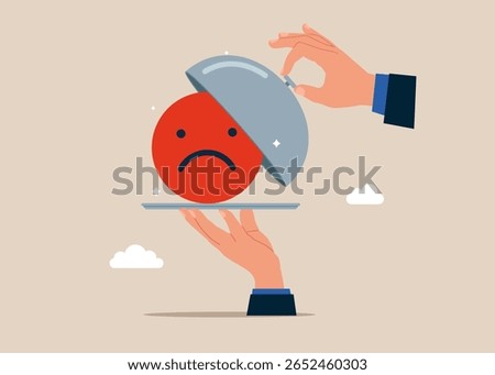 Open silver cloche to see Angry face symbol. Concept of bad new and idea. Burnout from tiring work or demotivation from failure, stress. Value increases over time. Flat vector illustration.