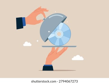 Open silver cloche to see compact disk is an old medium to store information on computers. CD RW,  DVD. Flat vector illustration