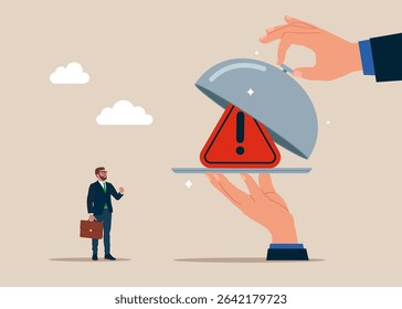 Open silver cloche to see exclamation attention sign. Food serving. Incident management, root cause analysis or solving problem, identify risk or critical failure concept. Flat vector illustration.