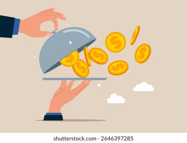 Öffnen Sie die silberne Cloche, um zu sehen, wie Sie Golden Coins herausfliegen. Sparen, Geld auf dem Konto sammeln, offene Bankeinlage. Weltwirtschaftliche Vision für Unternehmen, Technologie, Investitionen. Moderne Vektorgrafik auf flach 