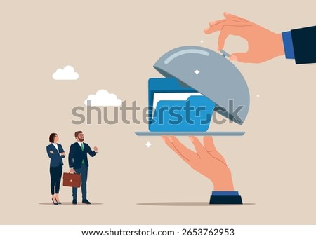 Open silver cloche to see folder. Leadership skill or trust on work responsibility. Organize document files into archive folders. Flat vector illustration. 