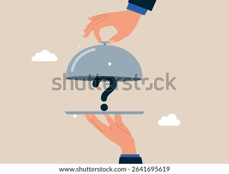 Open silver cloche to see question mark. Food serving. Asking questions for solution to solve problem, business analysis to new idea. Flat vector illustration