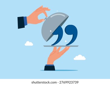 Open silver cloche to see quotation marks. Business motivation speech, pep talk abstract. symbol of quote, message, announcement. The names of newspapers, magazines, books, works. Vector