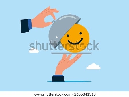 Open silver cloche to see Smiling face symbol. Work motivation. Employee happiness, job satisfaction, company benefit, positive attitude. Flat vector illustration