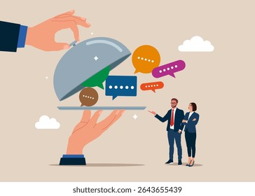 Open silver cloche to see speech bubbles. Food serving. Discussion, conversation, meeting, team communication. Flat vector illustration.