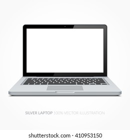 Open silver laptop with blank screen
