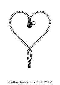 Open silver zipper heart shape. vector art image illustration, isolated on white background