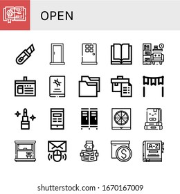 open simple icons set. Contains such icons as Guide, Cutter, Door, Reading, Library, Library card, Book, Folder, Portfolio, Gate, Lipstick, can be used for web, mobile and logo