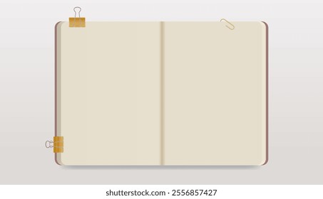 Open sketchbook with binder and clip. Blank notebook ivory color paper sheets. Realistic illustration