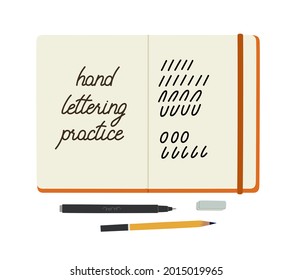 Open sketchbook with the inscription 'hand lettering practice' and drawn forms for practice lettering. The pencil and marker lie next to the notebook. Art supplies. Colored vector illustration.