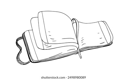 Open sketchbook, notebook, journal. Notepad with blank paper pages, ribbon bookmark. Note book, diary, sketch drawing. Outlined contoured hand-drawn vector illustration isolated on white background