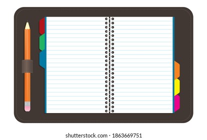 Open sketchpad with color tabs and pencil. Flat isolated. Vector illustration.