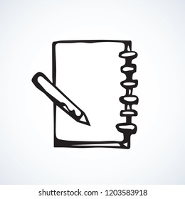 Open sketchpad tablet isolated on white background. Web outline logo. Freehand linear black ink hand drawn picture sketchy in art retro scribble contour graphic style. View closeup on space for text