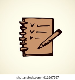 Open sketchpad tablet isolated on white background. Web outline logo. Freehand linear ink hand drawn picture sketchy in art retro scribble contour graphic style. View closeup with space for text