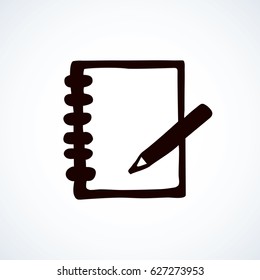 Open sketchpad tablet isolated on white background. Web outline logo. Freehand linear black ink hand drawn picture sketchy in art retro scribble contour graphic style. View closeup with space for text