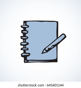 Open sketchpad tablet isolated on white background. Web outline logo. Freehand linear black ink hand drawn picture sketchy in art retro scribble contour graphic style. View closeup with space for text