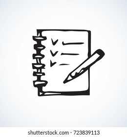 Open sketchpad tablet isolated on white background. Web outline logo. Freehand linear black ink hand drawn picture sketchy in art retro scribble contour graphic style. View closeup with space for text