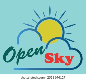 Open skies logo with letters in green and red. Radiant sun, allegory of peace and freedom. vector isolated on light blue background.