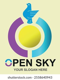 Open skies logo with light blue dove. Allegory of peace and freedom. purple and blue vector with light yellow background.