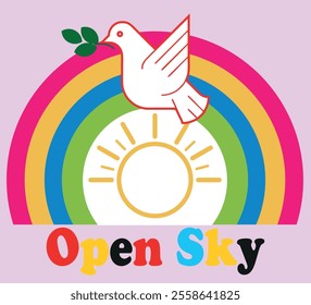 Open skies logo with white dove and olive branch. Allegory of peace and freedom. vector with multicolor rainbow. Light pink background.