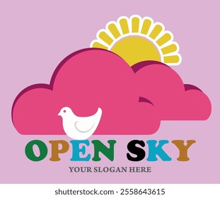 Open skies logo with white dove in fuchsia clouds and bright sun. Allegory of peace and freedom. vector isolated on light pink background.