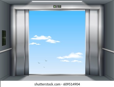Open to sky door of the freight elevator hospital or office building. Metal armored sliding door.