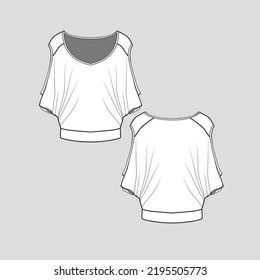 Open Sleeve Ruffles Deep V Neck Top Open Shoulder T Shirt Blouse Oversized Flat Sketch Template Cad Drawing Design