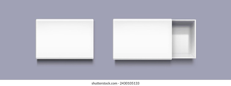 Open slide box mockup. Realistic vector illustration set of white blank carton package with sleeve. Empty pack in form of drawer for gift or goods postage concept. Cardboard matchbox template.