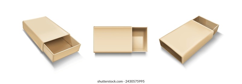 Open slide box mockup. Realistic vector illustration set of brown blank carton package with sleeve. Empty pack in form of drawer for gift or goods postage concept. Cardboard matchbox template.