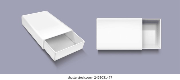 Open slide box mockup. Realistic vector illustration set of white blank carton package with sleeve. Empty pack in form of drawer for gift or goods postage concept. Cardboard matchbox template.