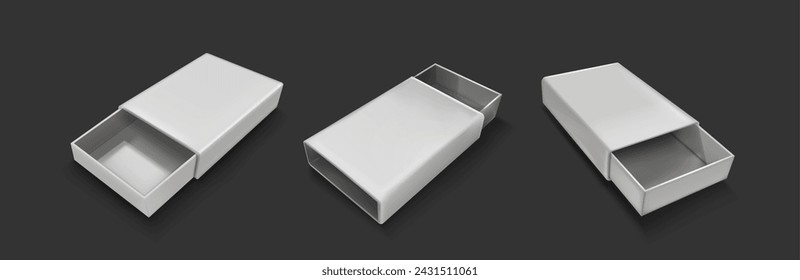 Open slide box mockup. Realistic vector illustration set of white blank carton package with sleeve. Empty pack in form of drawer for gift or goods postage concept. Cardboard matchbox template.