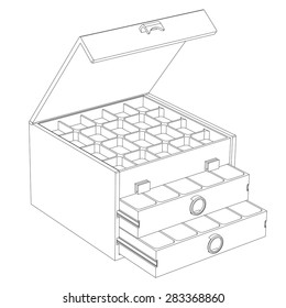 Open sliding box with compartments closeup contour on a white background isolated
