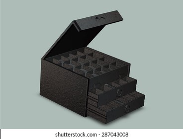 Open sliding box with compartments closeup contour on a blue background isolated