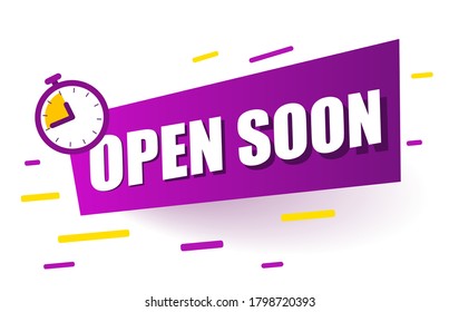 Open soon! Red Speech bubble announcement. Label with alarm clock. Promotion Icon Offer. advertising sign. Vector banner in modern flat style on white.