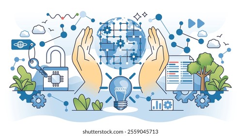 Open source AI concept with hands, globe, and gears symbolizing collaboration and innovation. Outline hands concept