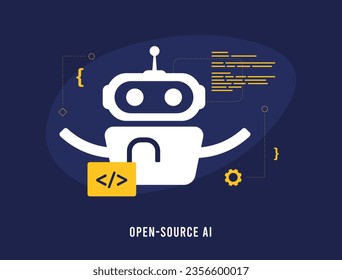 Open Source AI Tools and Projects concept. Open-source Artificial Intelligence Software for code creation, creating graphic, ai communication. Vector illustration isolated on dark background with icon