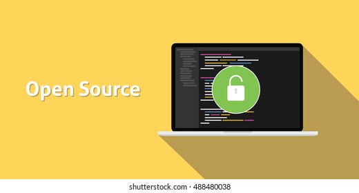 Open Source Code Program Technology Software Development With Yellow Background And Long Shadow