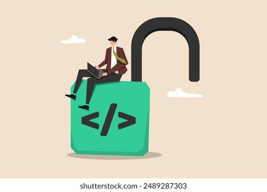 Open source coding, digital products granting permission to use and modify source code, female programmer using laptop to unlock a padlock with coding symbols.