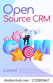 Open source CRM poster flat vector template. Company customization. Brochure, booklet one page concept design with cartoon characters. Arrow in target. Smiling man sitting on word flyer, leaflet