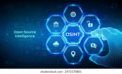 Inteligencia de código abierto. OSINT. Acceso abierto a datos. Análisis de código abierto. Ciberanálisis. Recopilación de datos. La mano del modelo de alambres coloca un elemento en una composición visualizando OSINT. Ilustración vectorial.