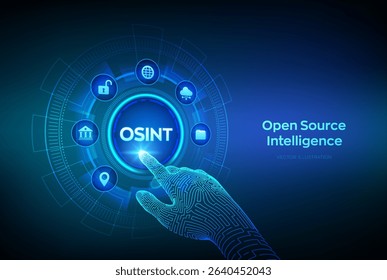 Open source intelligence. OSINT. Open data access. Open source analysis. Cyber analytics. Data gathering. Open data database. Wireframe hand touching digital interface. Vector illustration.