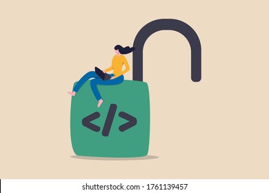 Open source programming, digital products include permission to use the programming source code concept, programmer working lady using computer laptop working on unlock lock with coding symbol.