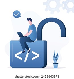 Programación de código abierto, los productos digitales incluyen permiso para utilizar el código fuente de programación. Ingeniero de software sentado en candado desbloqueado con símbolo de codificación. Codificador o programador trabajando. vector
