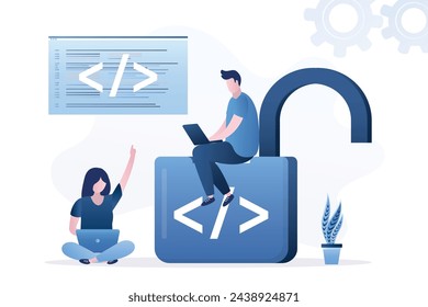 Programación de código abierto, los productos digitales incluyen permiso para utilizar código fuente de programación. Ingeniero de software sentado en candado desbloqueado con símbolo de codificación. Grupo de codificadores o programadores trabajando.