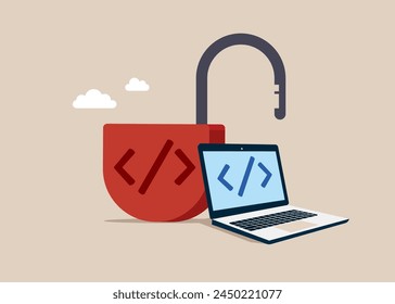 Open source programming, digital products include permission to use the programming source code. Flat vector illustration